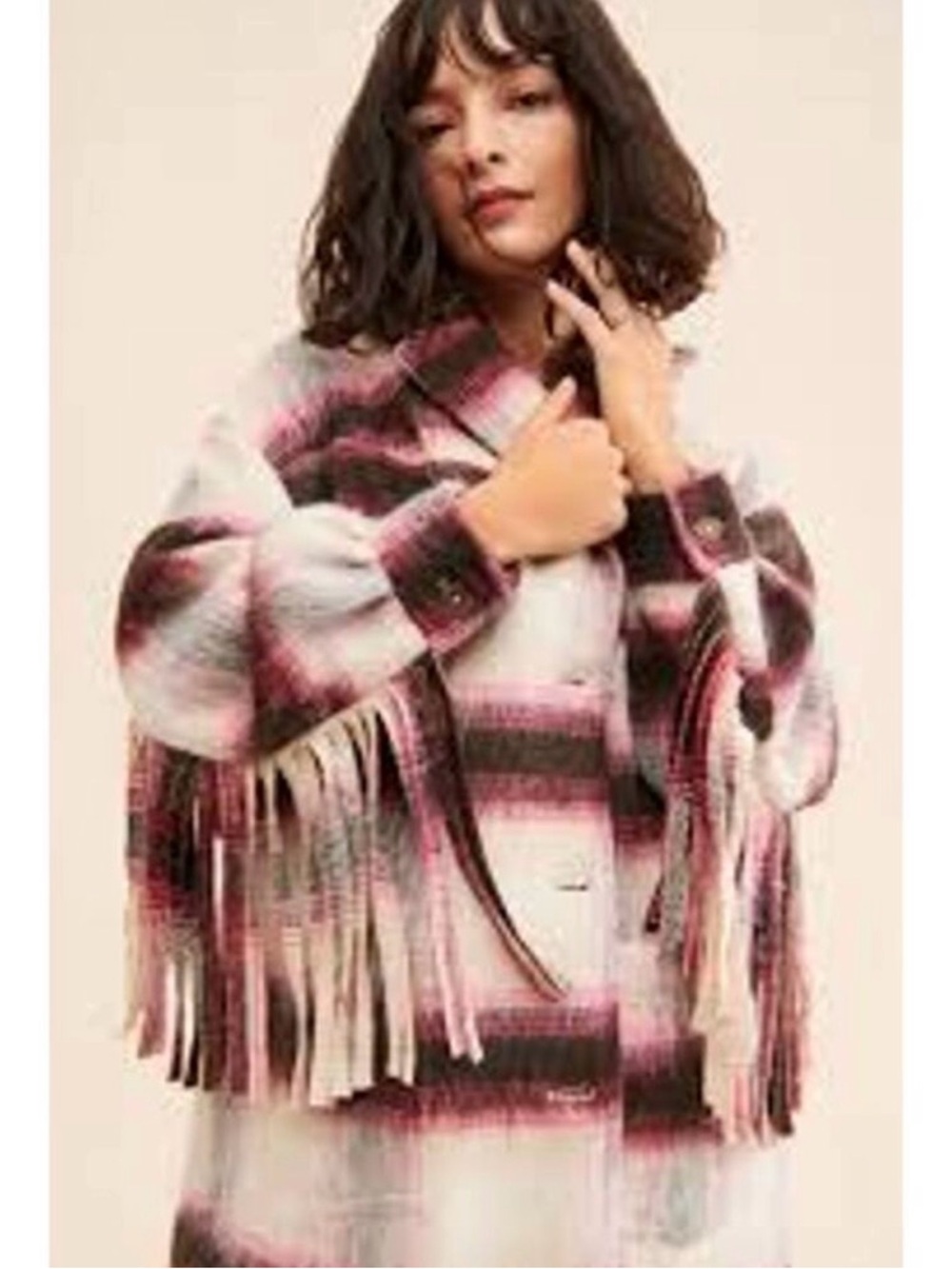 Free People Bali Bohemian Western Plaid Pressley Fringe Coat Wool Blend XS